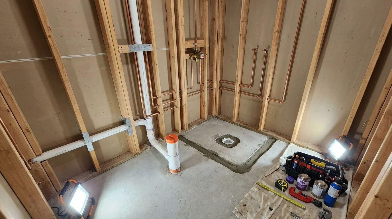 Bathroom rough-in plumbing during remodel by Johns Plumbing LLC in Minturn