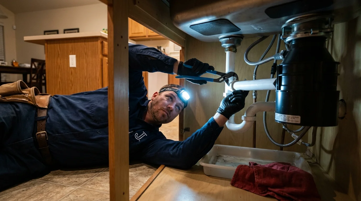 P-trap and supply line connections under a kitchen sink showing a common leak point in Minturn, CO